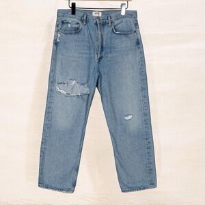Agolde women’s jeans 90s straight leg blue distressed size 31 per measurements